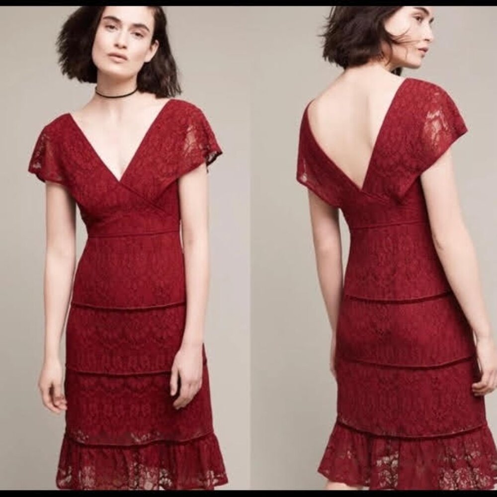 Anthropologie Red Ruffled Tiered Midi Dress